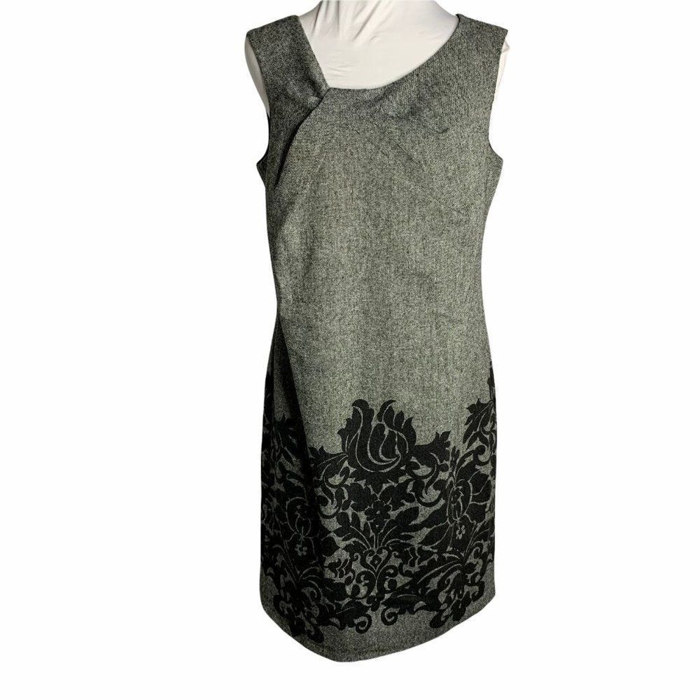 Vintage Wool Blend Sheath Dress 12 Black Floral Sleeveless Knee Length